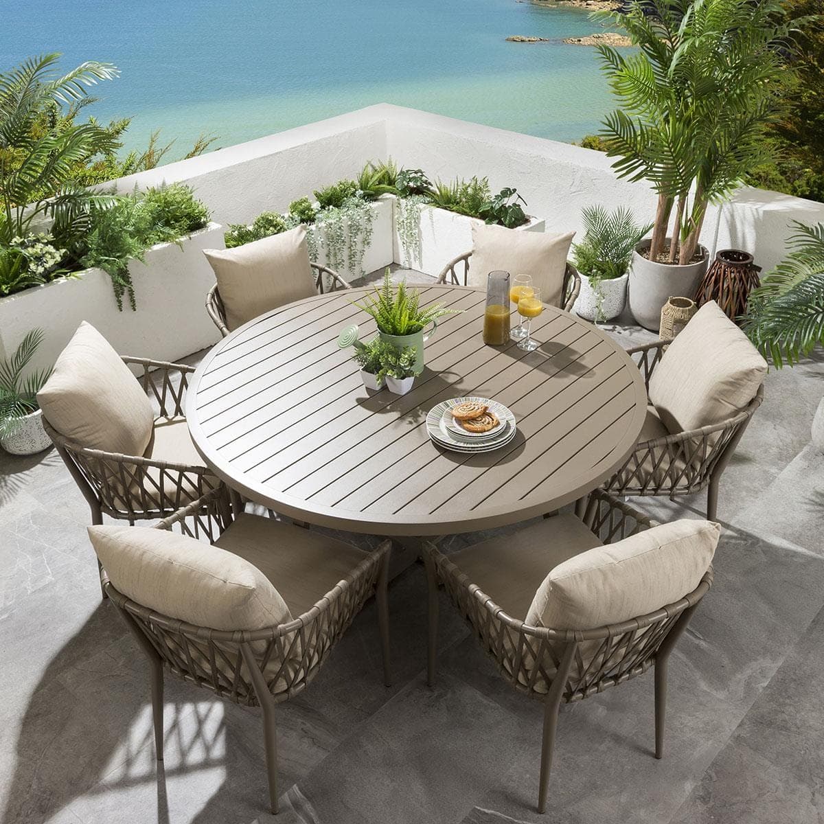 ExDisplay Sun 6 Seater Round Outdoor Garden Dining Table Beige 150cm