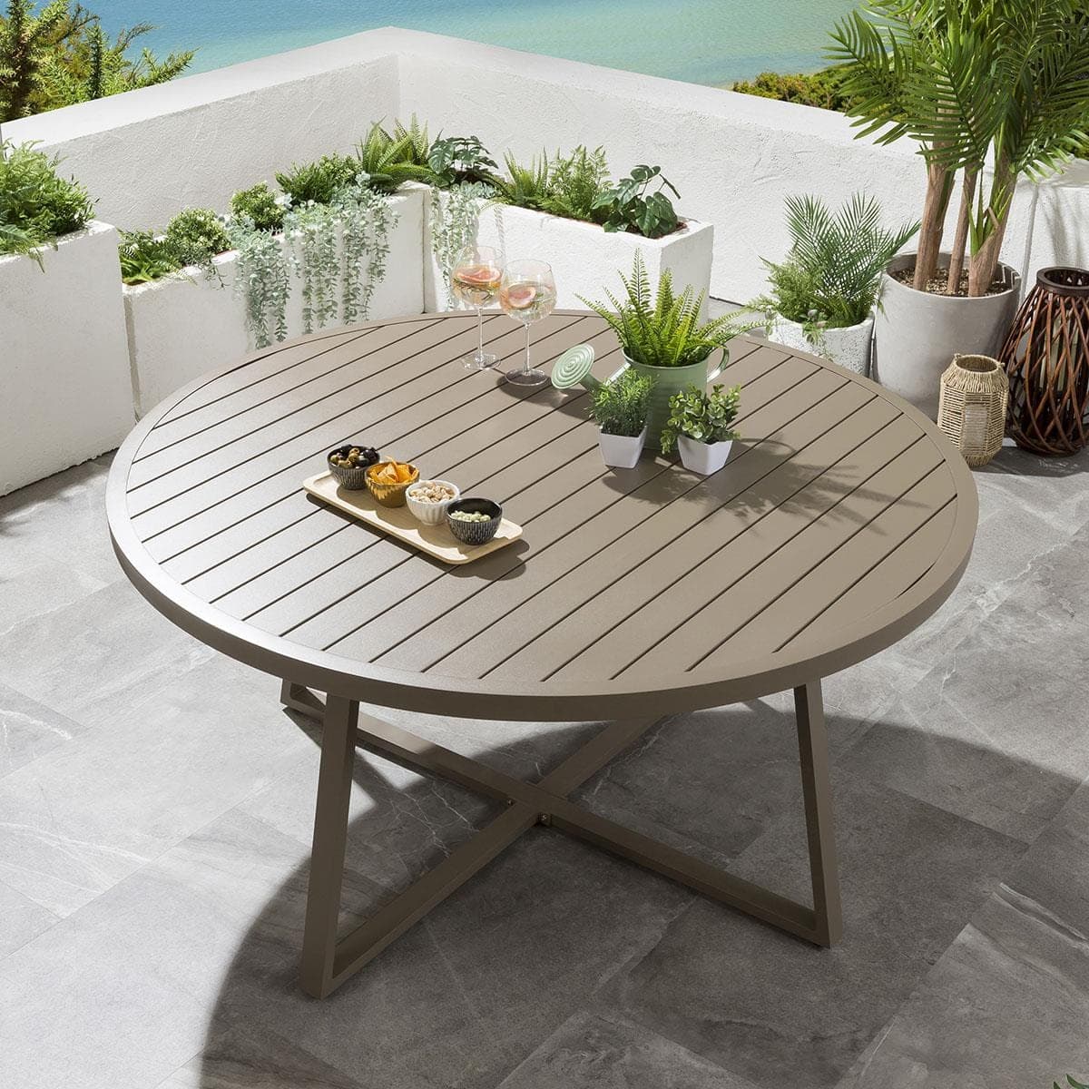ExDisplay Sun 6 Seater Round Outdoor Garden Dining Table Beige 150cm